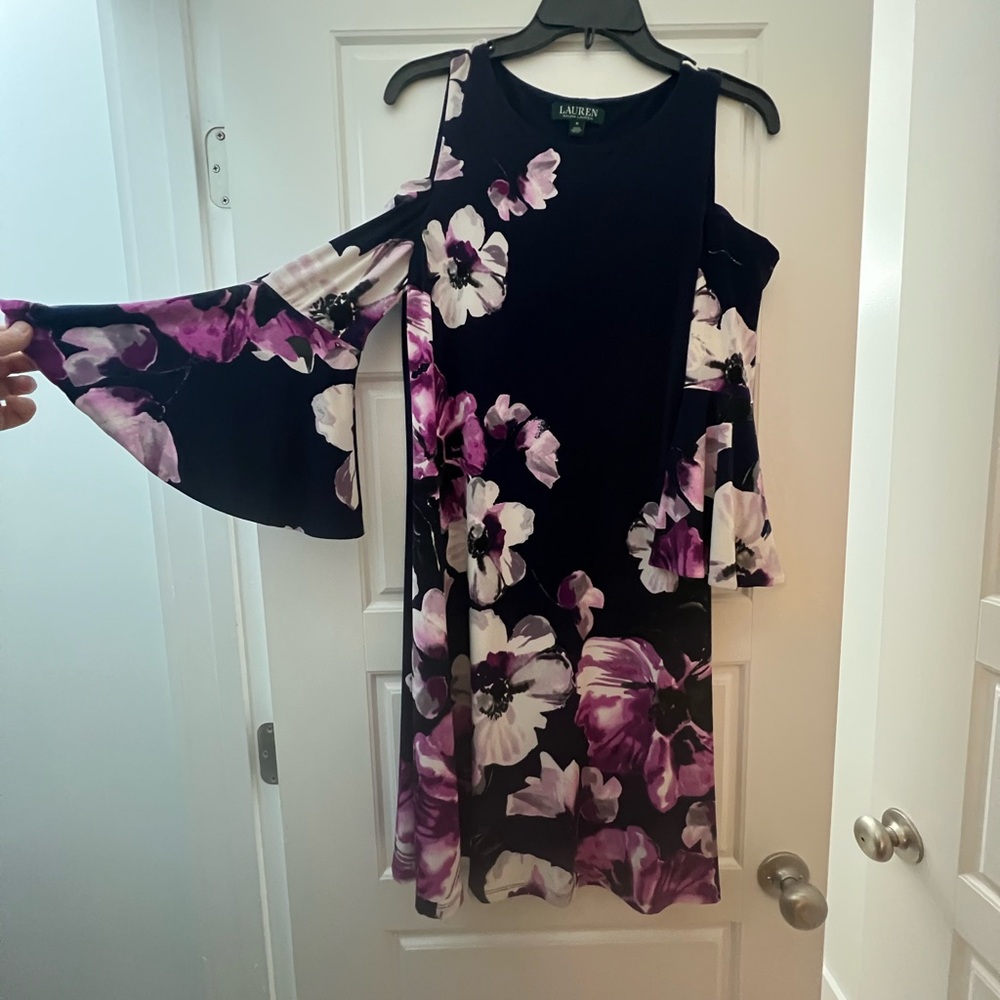 Ralph Lauren Black and Purple Floral One Shoulder Dress